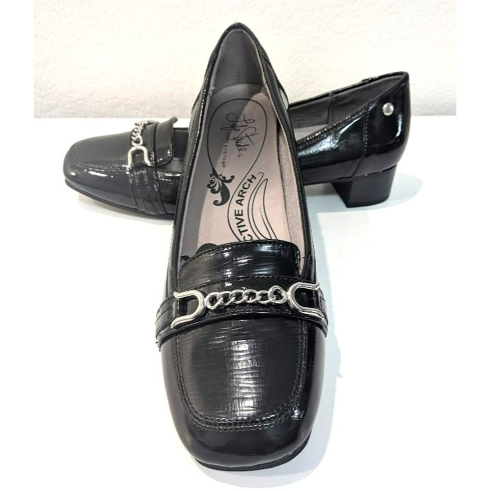 Black Patent Block Heel Loafer Silver Chain Y2K LifeStride Women 10M Soft System - Picture 1 of 7